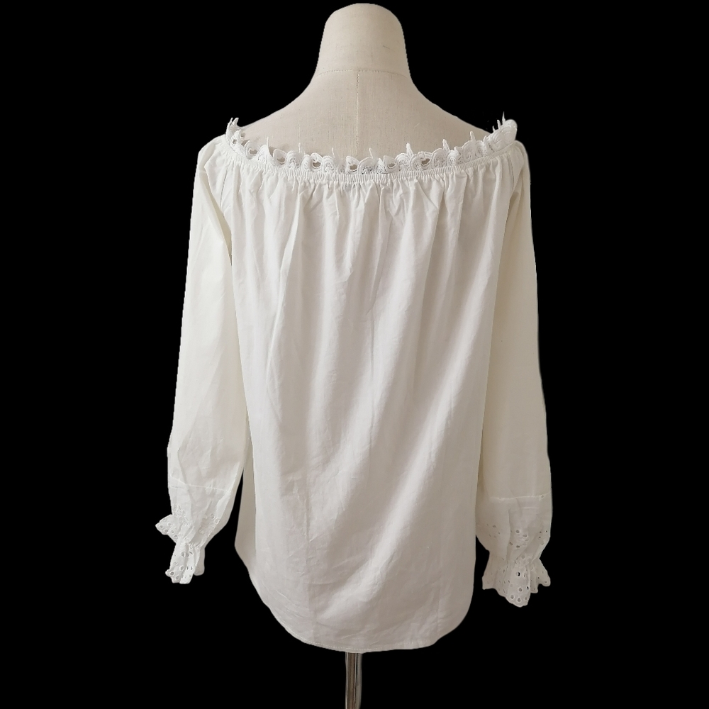 - 🐰 fits:M/L,  cotton blend hollow lace white long-sleeved shirt - Picture 3 of 5